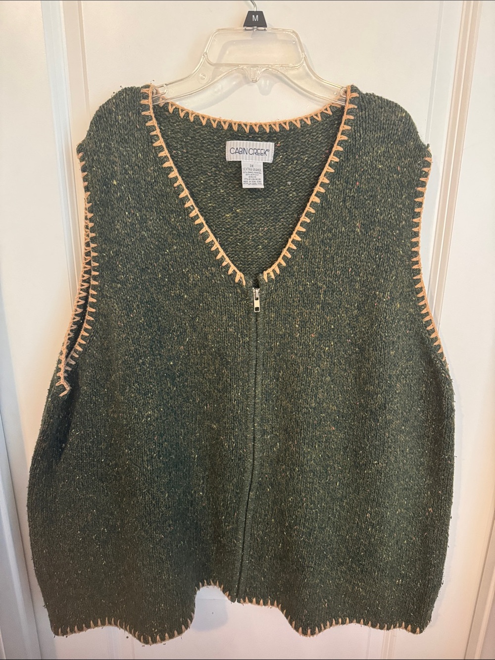 Cabin Creek Olive Green Zip-Front V-Neck Sweater Vest with Cream Trim